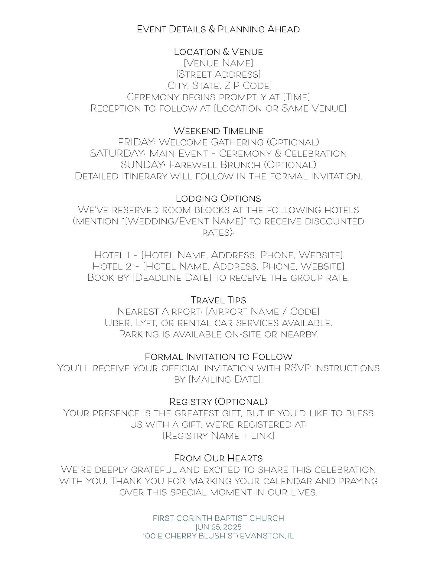 Plantilla personalizable para reservar la fecha y carta de fin de semana de boda (PDF editable y Documento de Google)