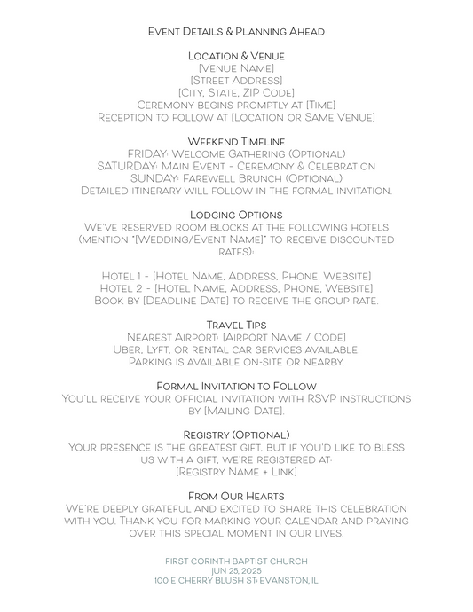 Plantilla personalizable para reservar la fecha y carta de fin de semana de boda (PDF editable y Documento de Google)